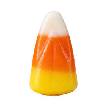 Single piece of classic candy corn with white orange and yellow stripes isolated on transparent background traditional autumn sweet treats for halloween and fall season.
