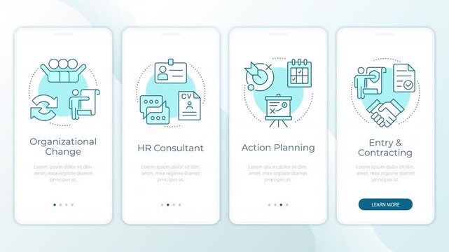 Strategic corporate transformation animated onboarding mobile app screens. Business process mapping. UI layout animation with cyan line concept icons. Modern flat interface style motion graphics