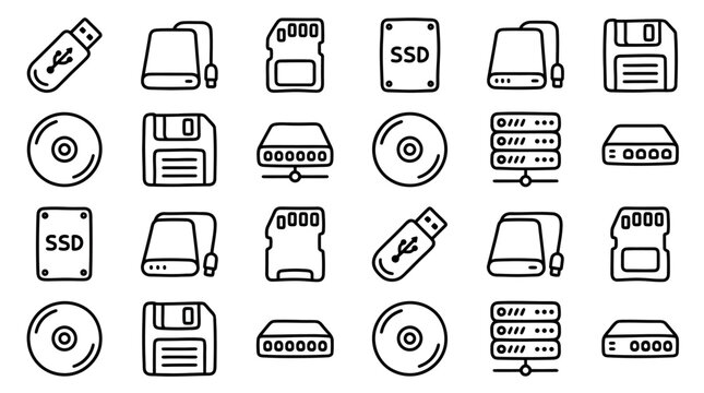Digital storage icons: USB, HDD, SD card, SSD, CD, floppy disk, server, router