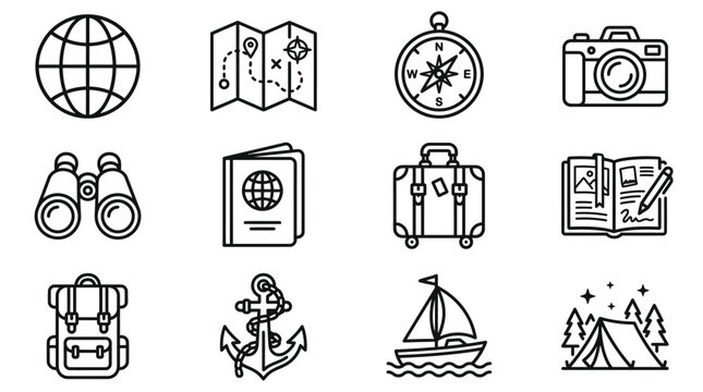 Travel Icons: Globe, Map, Compass, Camera, Binoculars, Passport, Suitcase, Notebook