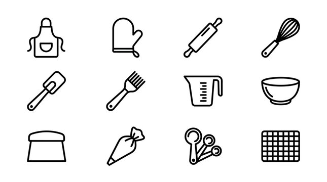 Baking Icons Set: Apron, Oven Mitt, Rolling Pin, Whisk, Spatula, Measuring Cup, Bowl