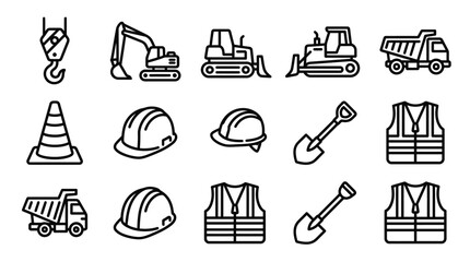 Construction Equipment and Safety Gear Icons Set: Crane, Excavator, Bulldozer, Dump Truck, Helmets, Vests, Cones © Cirt