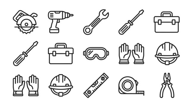 Construction Tools Icon Set: Safety Gear, Power Tools, Hand Tools, Toolbox