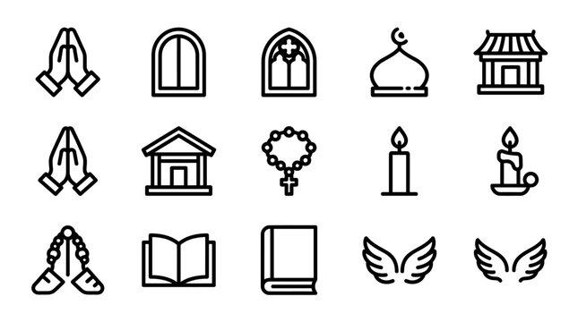 Religious Icons: Prayer Hands, Rosary, Candle, Bible, Mosque Dome, Wings, Church Window