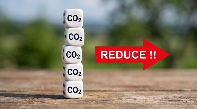 Carbon footprint reduction concept with CO2 dice stack, red arrow with REDUCE text, environmental sustainability and climate change mitigation