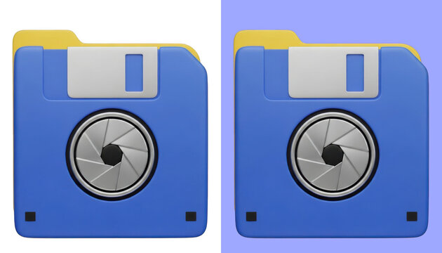 3D floppy disk with camera shutter isolated on transparent background