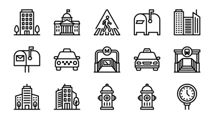 City Life Icons: Buildings, Transport, Mailbox, Hydrant, Pedestrian Crossing, Clock © Pizksen
