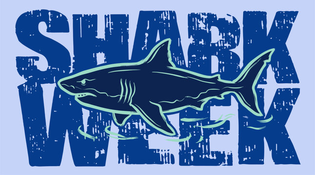 Beware of the deep blue sea shark week. Nautical apparel design for t-shirt printing. Great white shark predator vector illustration. Grunge distressed typography vintage poster art.