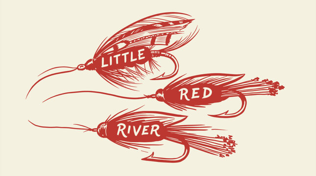 Little Red River fishing trip memories. Graphic t shirt design for fly fishing enthusiasts. Hand drawn artificial fishing lures and hooks. Vintage linocut style vector illustration.