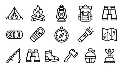 Fototapeta premium Camping and Hiking Icons: Tent, Fire, Lantern, Backpack, Binoculars, Map, Axe
