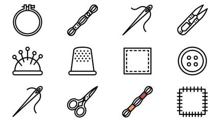 Sewing and Embroidery Icons: Needle, Thread, Scissors, Thimble, Hoop, Button, Pins © gok