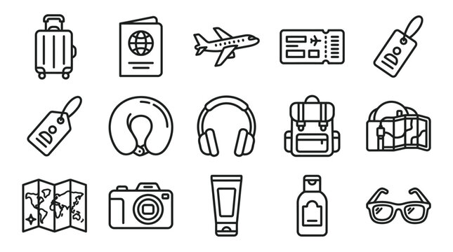 Travel Icons Set: Suitcase, Passport, Airplane, Ticket, Luggage Tag, Neck Pillow, Headphones, Backpack, Map