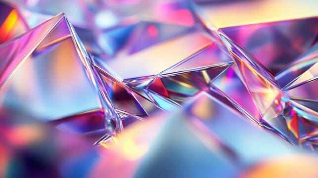 Glass shards form a complex arrangement of sharp geometric planes that capture and scatter multicolored light rays to produce a mesmerizing and dynamic visual effect for professional applications.