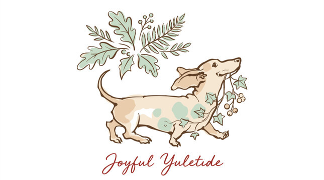Joyful yuletide season holiday greetings. Cute dog print for apparel and cards. Dachshund puppy carrying ivy leaves and berries. Hand drawn vintage ink and watercolor illustration.