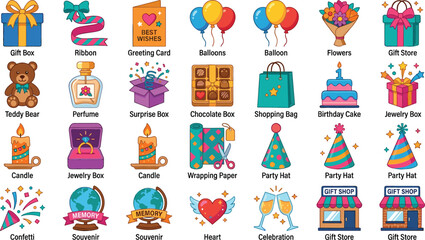 Fototapeta premium Birthday Party and Celebration Vector Icon Set Gift Boxes Balloons Cake Teddy Bear Present Store Graphic Elements for Greeting Card Designs