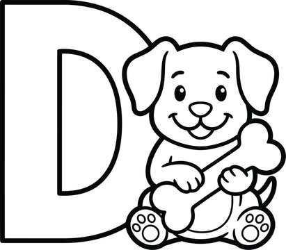 Educational coloring page for children featuring the letter d with a cute puppy holding a bone