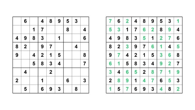 Sudoku puzzle game with unsolved grid on the left and solved grid with green numbers on the right