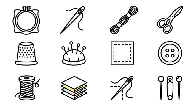 Sewing and Crafting Icons: Embroidery Hoop, Needle, Thread, Scissors, Thimble, Pins, Fabric