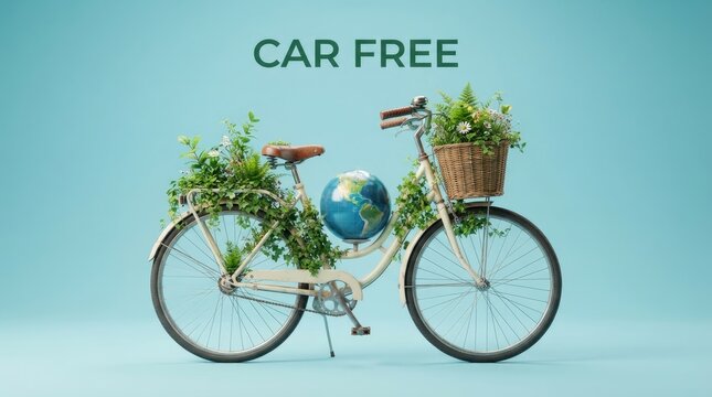 A vintage bicycle decorated with lush green plants and a globe representing the environmental initiative for world car free day on a soft blue background