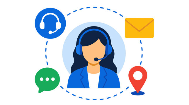 Professional Female Customer Service Representative Wearing Blue Headset Surrounded by Communication Icons Including Yellow Email Envelope, Green Chat Bubble and Red Location Pin, Flat Vector Design