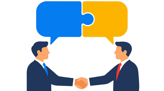 Flat Vector Illustration of Two Professional Businessmen in Formal Suits Shaking Hands With Interlocking Blue and Yellow Puzzle Piece Speech Bubbles Representing Successful Corporate Partnership,