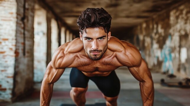 Bodybuilder executes a challenging push-up movement inside a rustic industrial building to showcase raw physical strength and athletic dedication in a gritty environment.