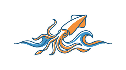 Obraz premium Stylized vector illustration of a squid swimming in ocean waves, featuring orange and blue linework on a white background, minimalist sea creature icon for corporate branding.