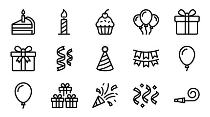 Fototapeta premium Birthday Icons Set: Cake, Candles, Balloons, Gifts, Party Hats, Confetti