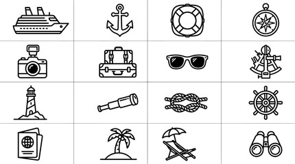 Travel and Vacation Icons: Cruise Ship, Anchor, Lifebuoy, Compass, Camera, Suitcase, Sunglasses, Sextant © Sapi