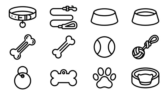 Dog Pet Accessories Icons Collection: Collar, Leash, Bowls, Toys, Bone, Paw Print
