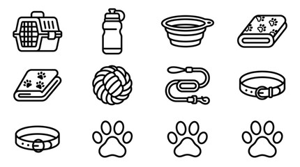 Pet Care Accessories Icons: Carrier, Bowl, Leash, Collar, Toys, Towel, Water Bottle © Pizksen