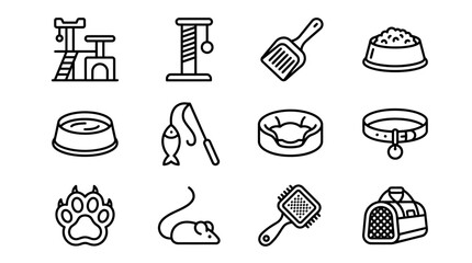 Feline Accessories Collection: Icons for Pet Care and Comfort © Vevek