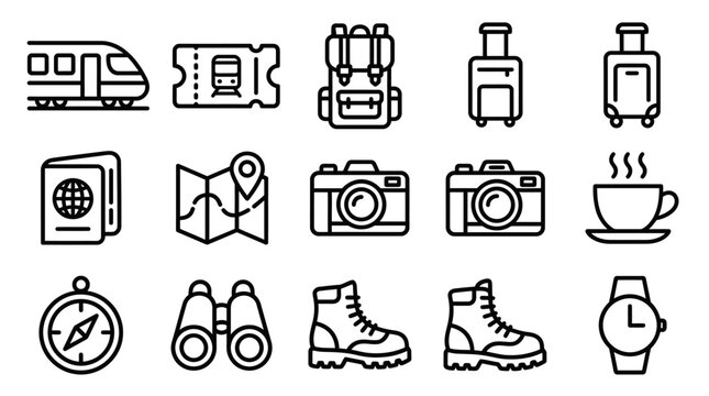 Travel Icons Set: Train, Ticket, Backpack, Luggage, Passport, Map, Camera, Coffee, Compass, Binoculars, Boots, Watch
