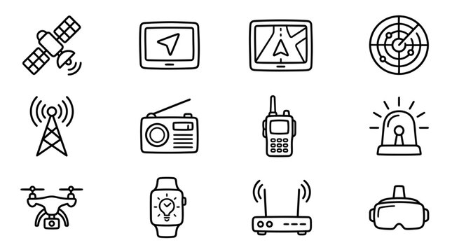 Technology Icons: Satellite, GPS, Radar, Drone, Radio, VR, Smartwatch, Router, Tower