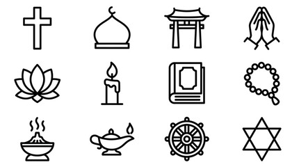 Diverse Religious Symbols Icons Collection: Christianity, Islam, Buddhism, Shinto, Hinduism, Prayer, Judaism © Ye