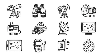 Astronomy Gear Icons: Telescope, Binoculars, Camera, Night Vision, Tablet, Compass © Vevek