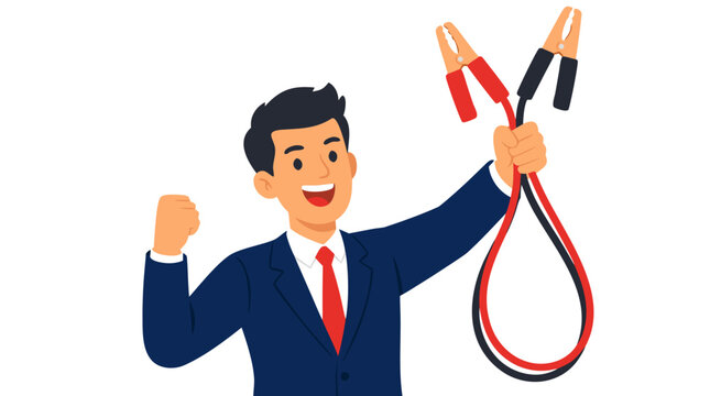 Cheerful Businessman in a Navy Blue Suit Holding Car Jumper Cables Like a Trophy, Celebrating Success and Energy Boost Concept, Flat Vector Illustration Isolated on White Background for Business