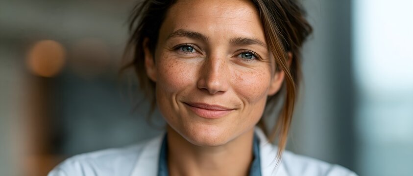 Friendly female doctor or nurse looks directly at the camera