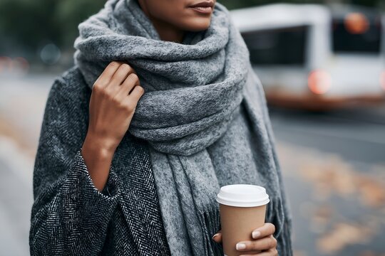 Close-up of a woman with scarf and coffee walking outdoors