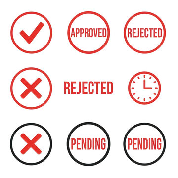 Red and black rubber stamp icons, approved and rejected status symbols, pending and clock signs for business document processing and validation