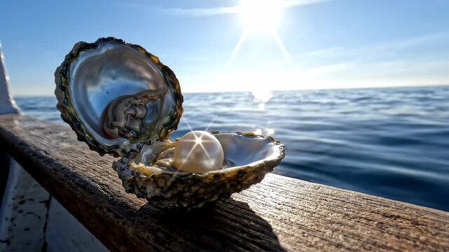 Open Oyster with Pearl on Wooden Surface with Ocean Background.