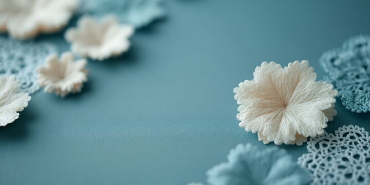 Cozy white paper blooms with lace accents on a smooth blue background