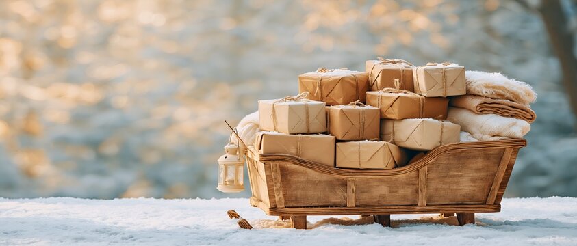 Wicker sled loaded with festive presents