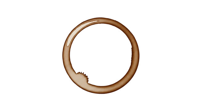 A brown coffee cup stain ring on a white background, with a small bite mark on the edge