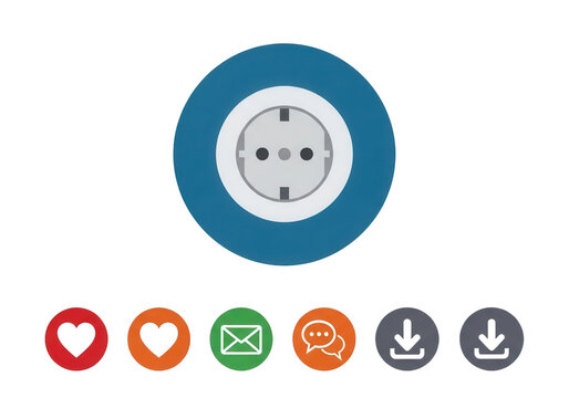 European electrical outlet icon on blue circle, flat power socket symbol for home energy, colorful web interface buttons for social media and downloads