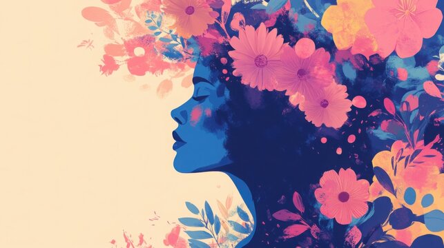 Profile portrait of a woman shows her serene face adorned with vibrant blooming flowers that cascade around her hair to represent spiritual growth and the blossoming of a peaceful inner consciousness.
