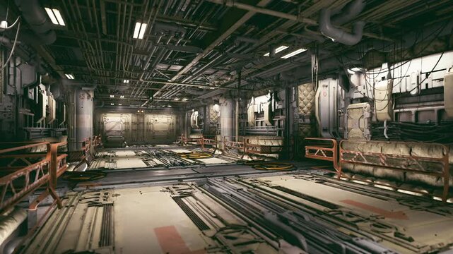 Silent control deck with rows of illuminated consoles and hologram displays, robotic maintenance drone performing automated scan, neon glow reflecting