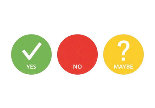 Decision making icons with yes no and maybe options, colorful survey buttons on white background, voting symbols for feedback and choice
