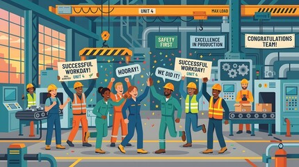 Obraz premium Diverse group of industrial factory workers celebrating success together in a modern manufacturing facility with high spirits
