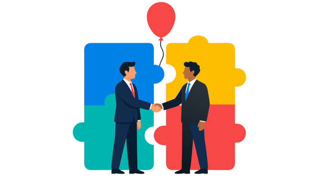 Successful Business Partnership: Two Professionals Shaking Hands Before Vibrant Jigsaw Puzzle Pieces with Rising Red Balloon, Modern Flat Design for Corporate Collaboration and Growth
